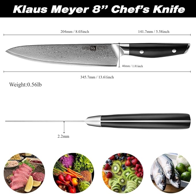 Klaus Meyer Luxor 8 Inch Chef Knife, Damascus Kitchen Knife, VG10 High Carbon Stainless Steel Japanese Chefs Knife