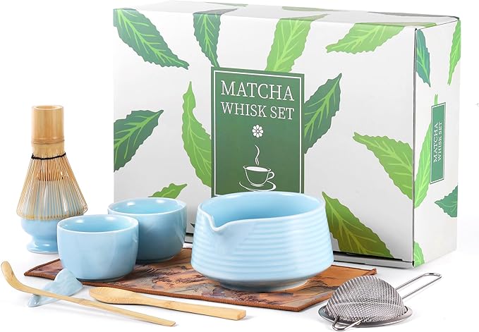 HELPLX Matcha Whisk Set, 10-Piece Japanese Matcha Kit with Bowl, Whisk & Holder, 2 Tea Cups, Bamboo Scoop, Spoon, Sifter, Scoop Rest & Tea Towel – Blue Matcha Tea Set for Ceremony or Daily Use