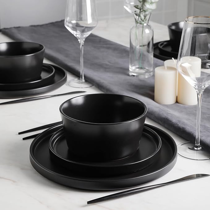 Stone Lain Celina Stoneware 32 Piece Modern Dinnerware Set, Plates and Bowls, Black Matte, Service for 8, Microwave & Dishwasher Safe
