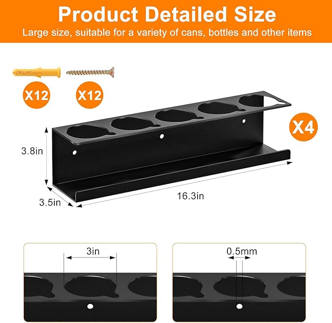 Chinrose Spray Can Holder Organizer, 4 Pack, Black Steel, Wall-Mounted