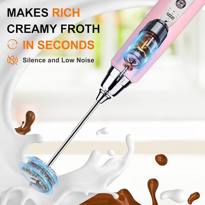 YUSWKO Handheld Milk Frother Wand for Coffee, Rechargeable Electric Whisk with 3 Heads 3 Speeds Drink Mixer Coffee Frother For Latte, Cappuccino, Hot Chocolate, Egg, Pink
