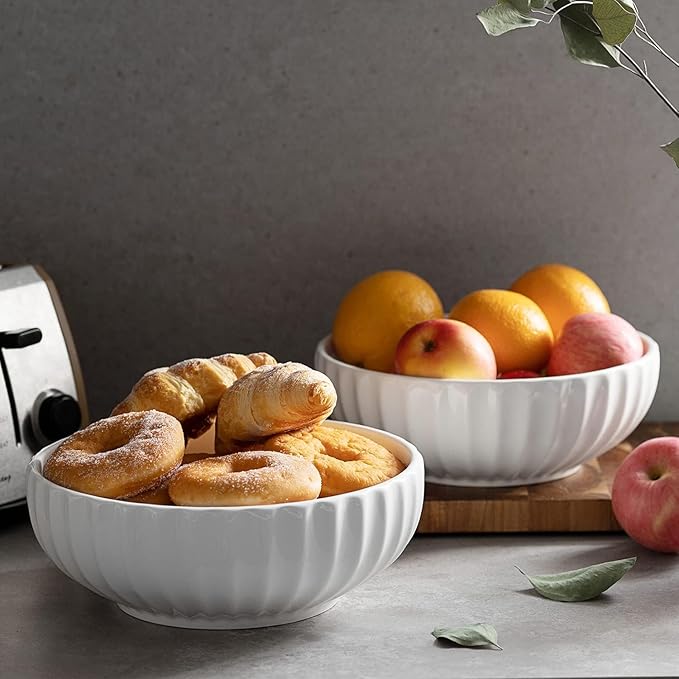 DOWAN 9.8'' Serving Bowls, 86 oz Large Salad Bowl, Ceramic Serving Dishes, Set of 2, Pumpkin Shape for Christmas, Entertaining, Party, Kitchen, Dinner, Banquet, Housewarming Gift, White