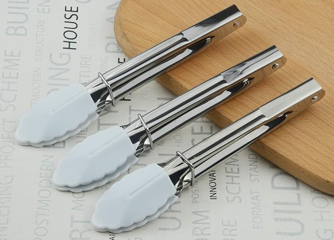 HINMAY 7-Inch Small Serving Tongs with Silicone Tips, Set of 3 (White)