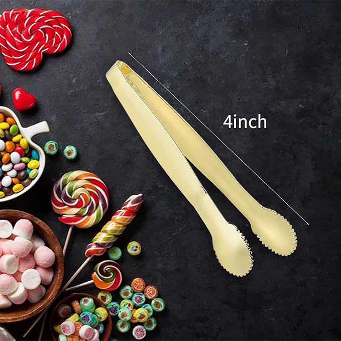 MSY BIGSUNNY 4 Inch Sugar Cube Tongs, Stainless Steel Mini Appetizer Tongs, Small Serving Tongs Tiny Food Clips for Tea Party, Coffee, Bar, Desserts - Set of 4, Gold