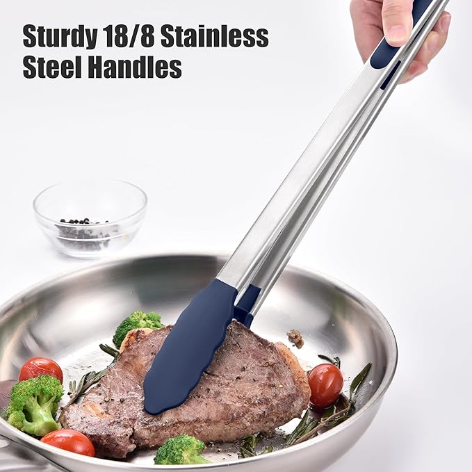 Doosu Kitchen Tongs with Silicone Tips for Cooking Serving (16in, Navy)