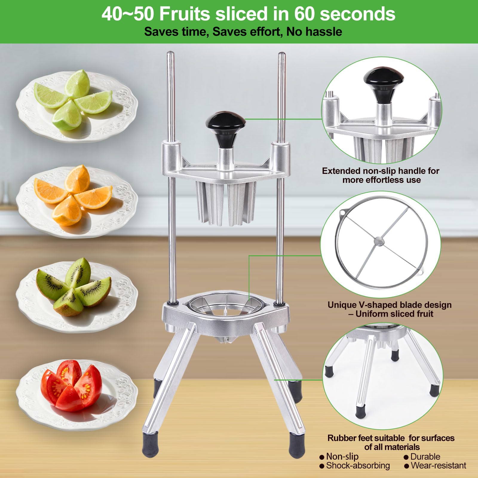 Commercial Lemon Cutter 4-Section with V-Shaped 420 Stainless Steel Blades，Easy Wedger Stainless Steel Blade Fruit Lime Slicer NSF Certified Easy-to-Use for Bar Restauran