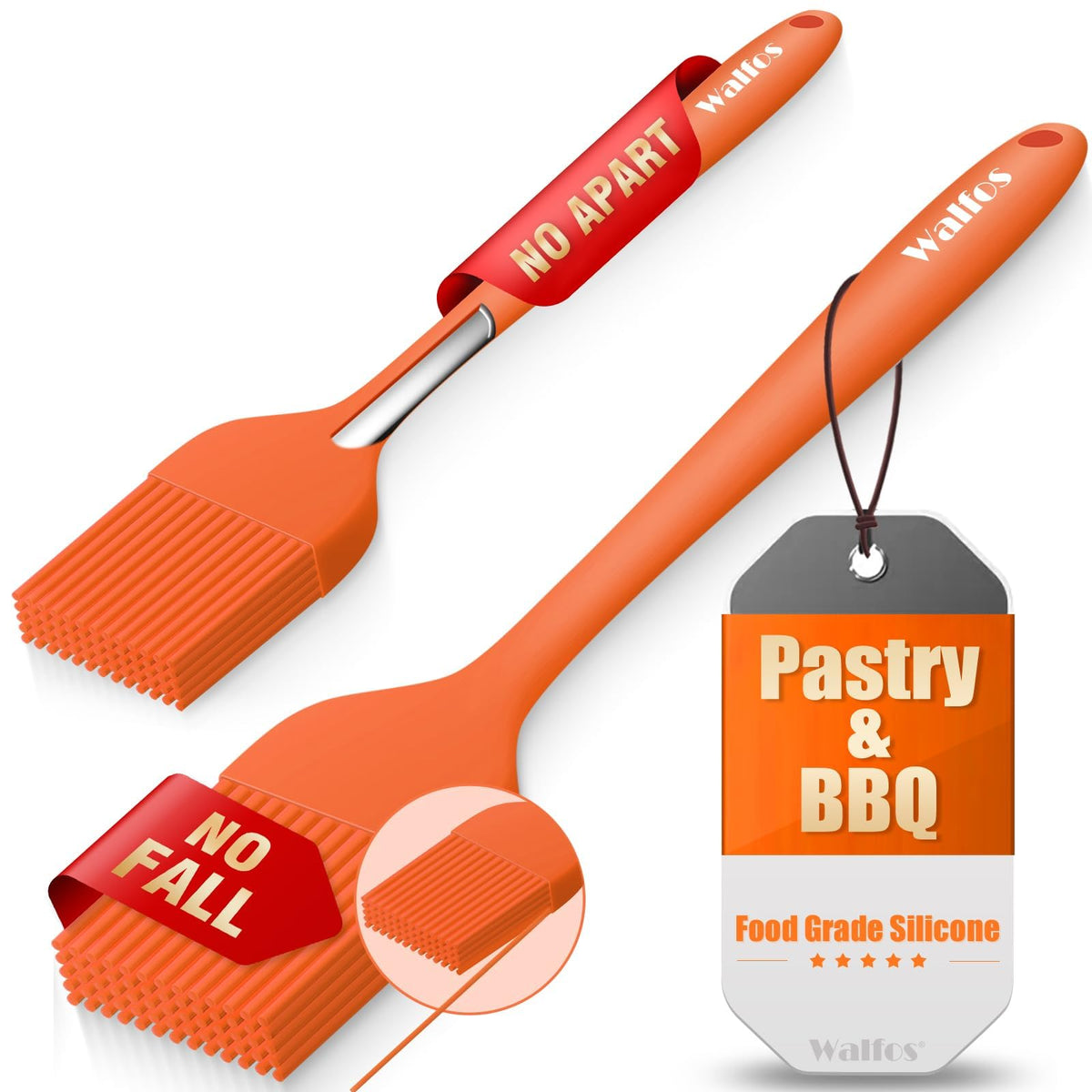 Walfos 600°F Heat Resistant Silicone Basting Brushes BPA Free Pastry Brush, Spread Oil Butter Sauce for BBQ Grill Baking Kitchen Cooking, Dishwasher Safe (2 SIZE)