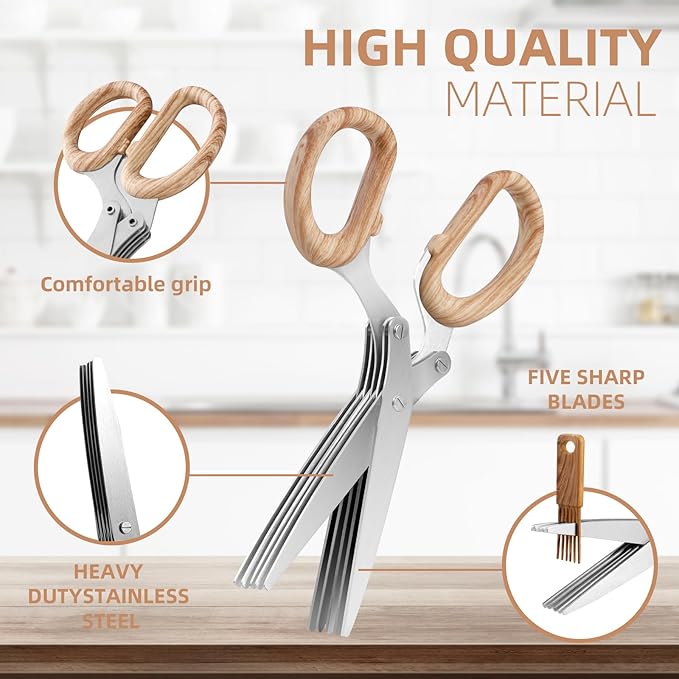 ccraowo 2025 New Herb Scissors Set - Wood Grain Pattern 5 Blades with Cover and Comb - Skin-Friendly Handle, Delicate Grip - Dishwasher Safe, Anti-Rust Stainless Steel for Cutting Fresh Garden Herbs