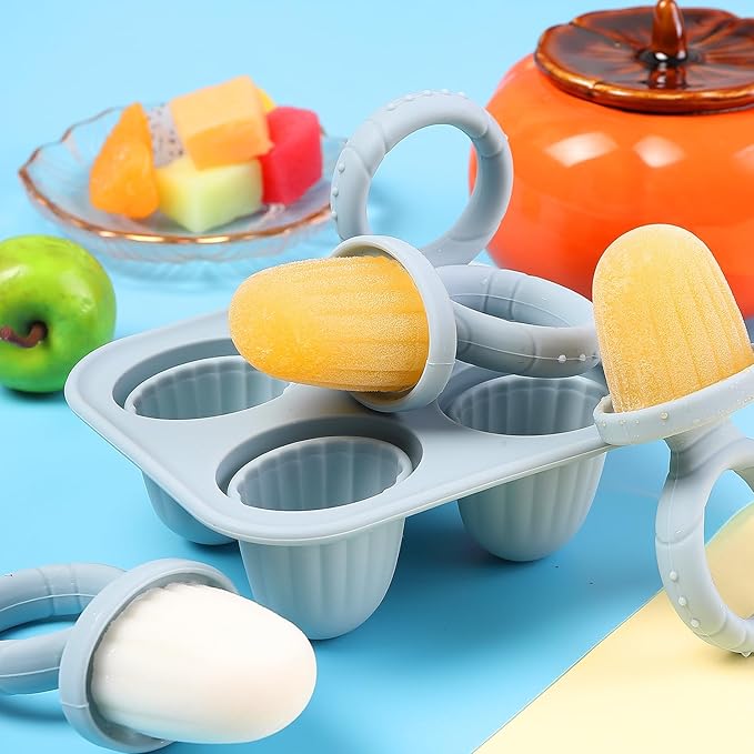 Silicone Baby Ice Pop Molds with Easy-Grip Handles, 4-Cavity Frozen Food Feeder Tray for Toddlers, Mini Popsicle Maker for Feeding Stage, Fruit Puree & Breast Milk Snacks(Beige)