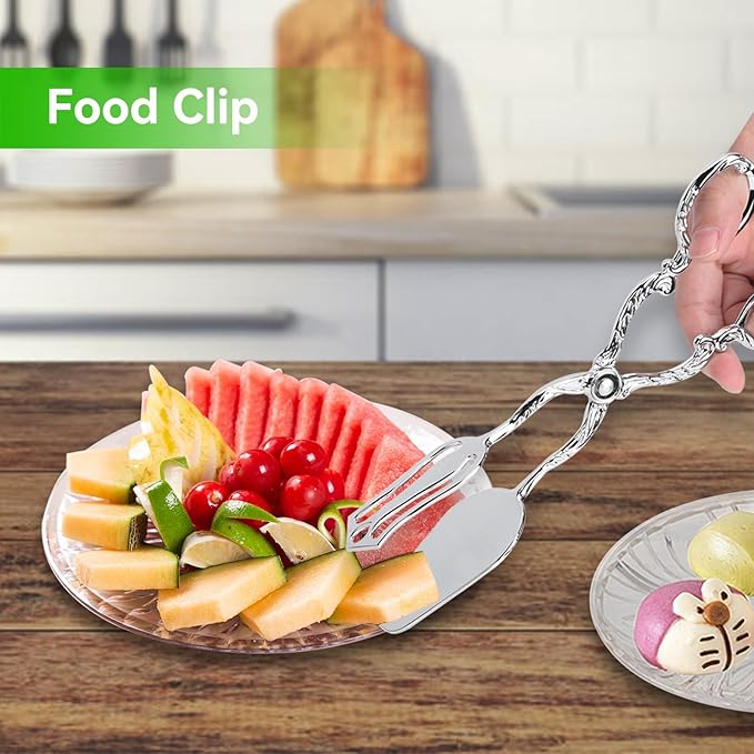 9in Vintage Salad Tong for Serving, Zinc Alloy Silver Food Serving Tongs Salad Steak Clip Buffet Tongs Kitchen Utensils for Buffet Catering Bread BBQ, 8.5x4.5in (1PCS)