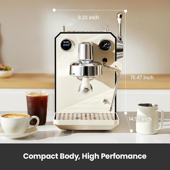 Gemilai Owl Espresso Machine, 15 Bar Professional Semi-Automatic Espresso Maker with Milk Frother Steam Wand, 57oz Removable Water Tank, Dual Display, for Cappuccino, Latte at home, G3006, Ivory White