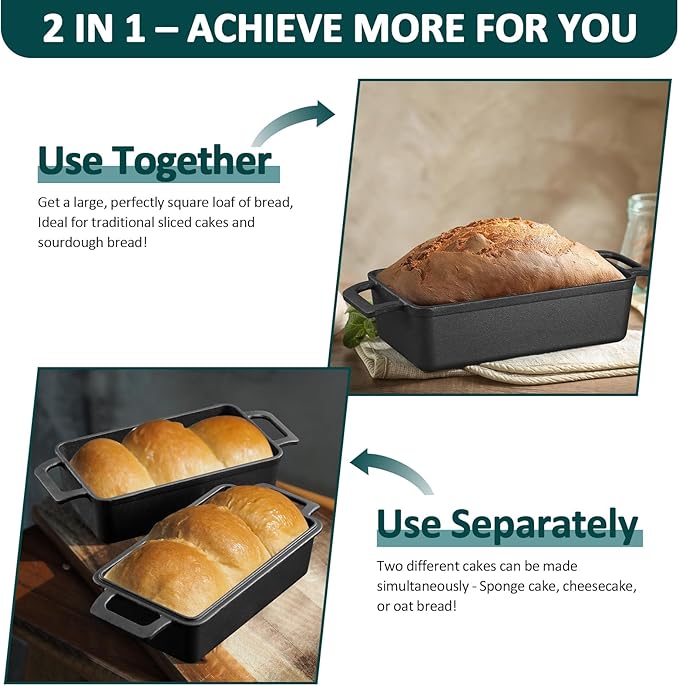 Leonyo Enamel Cast Iron Bread Pan, 9"x5" Loaf Pan with Lid, Blackish Green