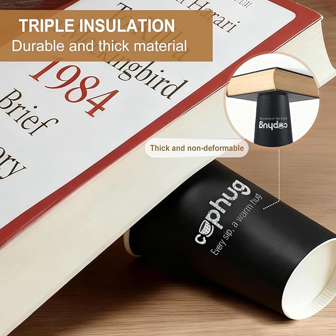 cuphug 12 oz Disposable Coffee Cups with Lids, Sleeves and Straws 100Pack, Thickened Leak-Proof Insulated Paper Cups for Hot Drinks, Home, Office, Cafe, Party