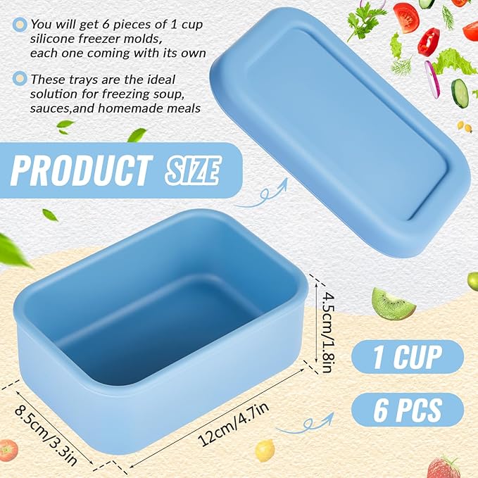 Teenyyou 6 Packs 1 Cup Silicone Freezer Molds with Lids Silicone Soup Freezer Molds Rectangle Reusable Food Preserving Tray Freezing Ice, Leftovers and Meal Prep