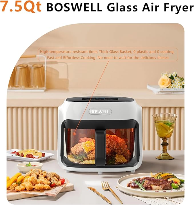 BOSWELL 7.5 QT Large Glass Air Fryer, 6-1 Preset Cook Modes