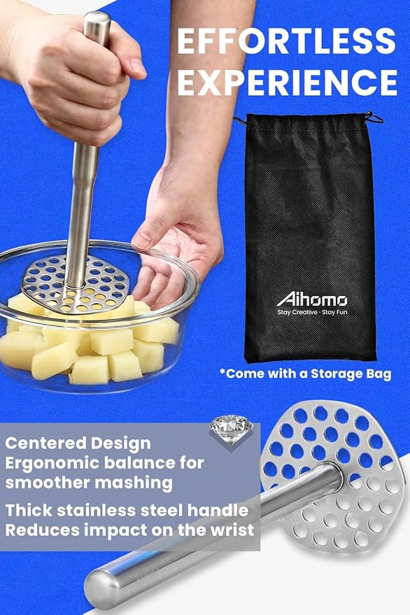 Aihomo 316L Stainless Steel Potato Masher, Dishwasher safe, Storage Bag