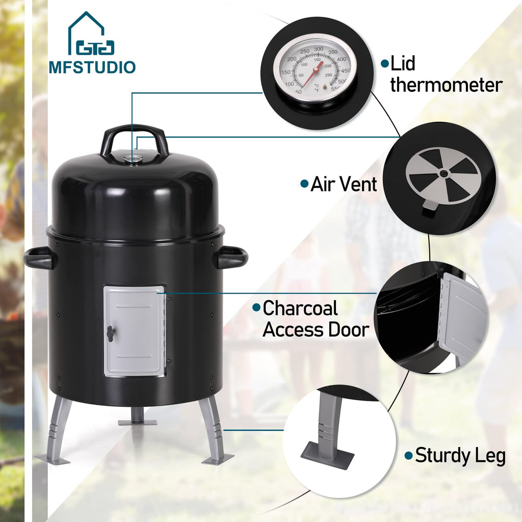 MFSTUDIO 17" Vertical Smoker Charcoal Wood Chunks with Thermometer, Black