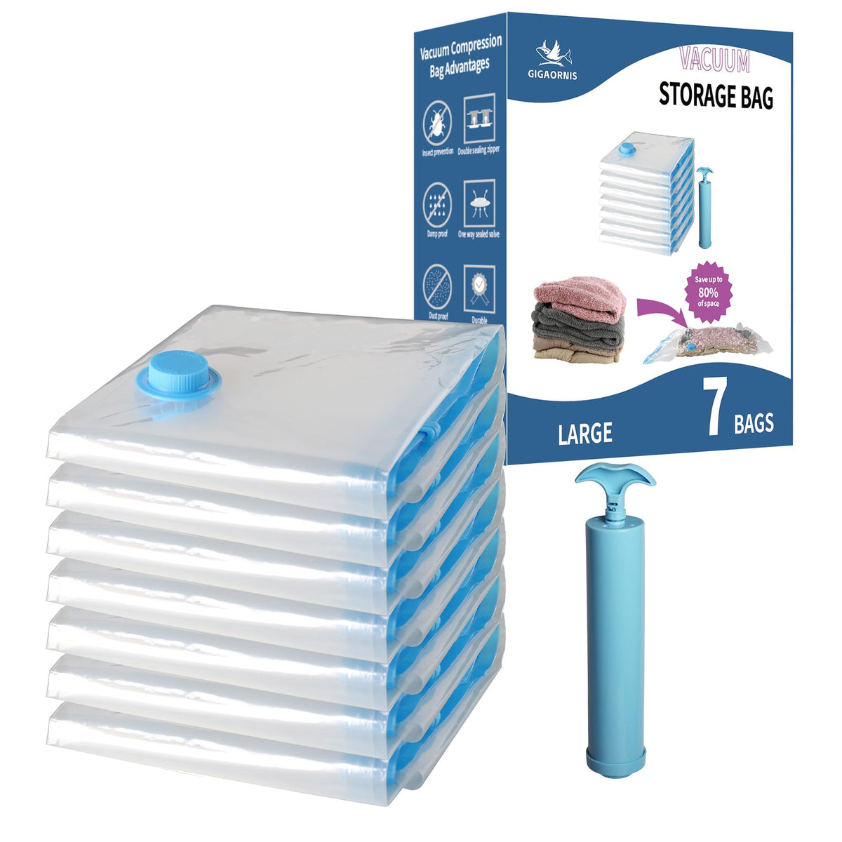 Vacuum Storage Bags 20 Pack for Clothing Travel with Electric Pump, Clear