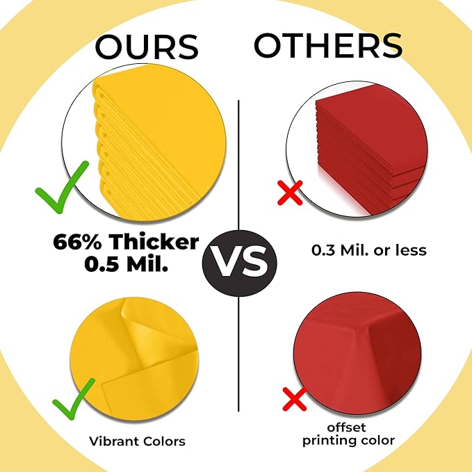 Exquisite 66% Thicker Premium Plastic Table Cloth Rectangle Table Cover 0.5 Mil 6 Pack Yellow Table Cloth 54 Inch x 108 Inch Disposable Tablecloth Won't Tear Easily Like Cheap Thin Brands