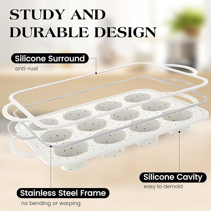 AOTASO 2 Pcs Silicone Muffin Pan with Metal Frame Nonstick 12 Cup Regular Size Cupcake Pan Silicone Muffin Tray for Baking Egg Bites Muffins Cupcakes Gifts for Mom Home Baker Kitchen (Cream)