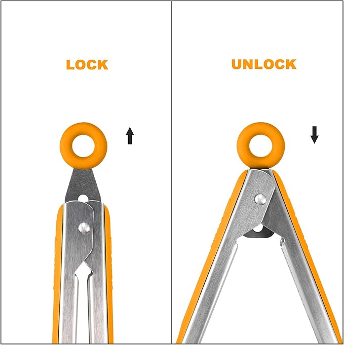 304 Stainless Steel Locking Kitchen Tongs, 9 & 12 Inch, 4-Piece, Orange
