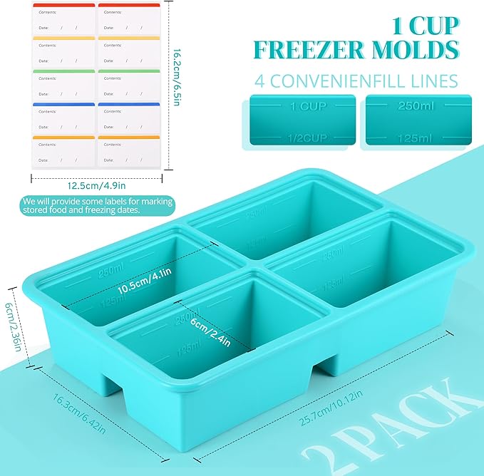 BIONMAPLE Silicone Freezer Trays With Lid - Silicone Soup Freezer Molds, Soup Freezer Containers For Freezing & Storing Soup, Sauce, Broth, and Leftovers - 1 cup silicone freezer molds - 2 Pack