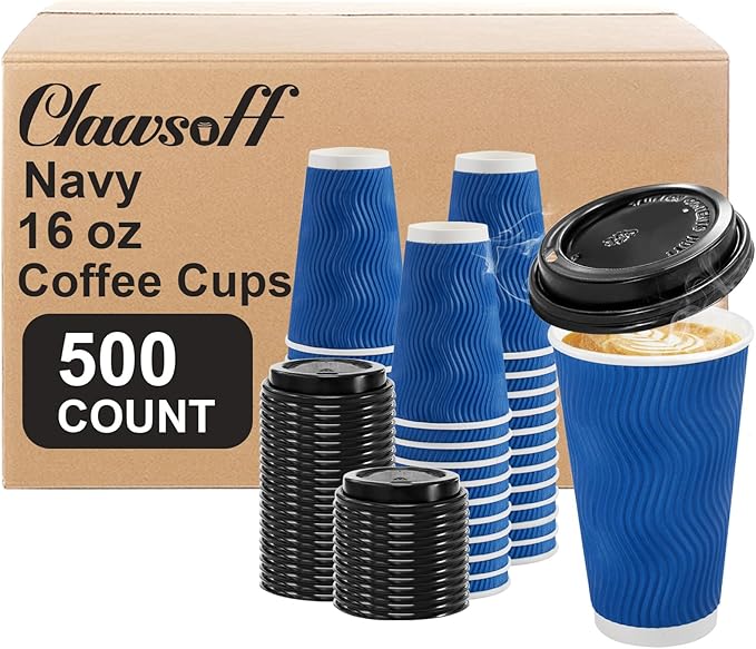 Clawsoff 500 Pack 16 oz Coffee Cups with Lids Disposable Insulated Cup Navy