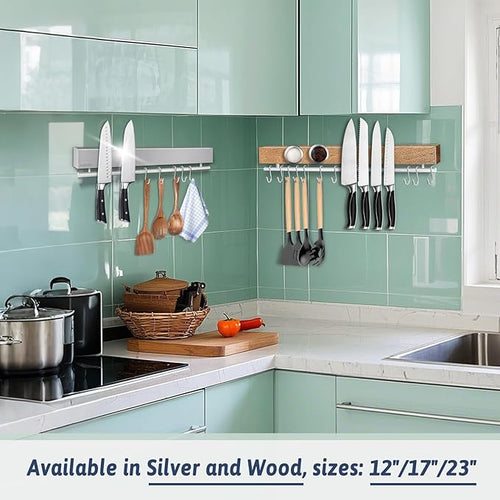 12 Inch Magnetic Knife Holder for Wall - Pailexin Wooden Magnet Knife Strip No Drill with 5 Hooks/Adhesive Tape/Screws, Kitchen Utensil Holder, Magnetic Knife Organizer, Wall Mounted Knife Storage