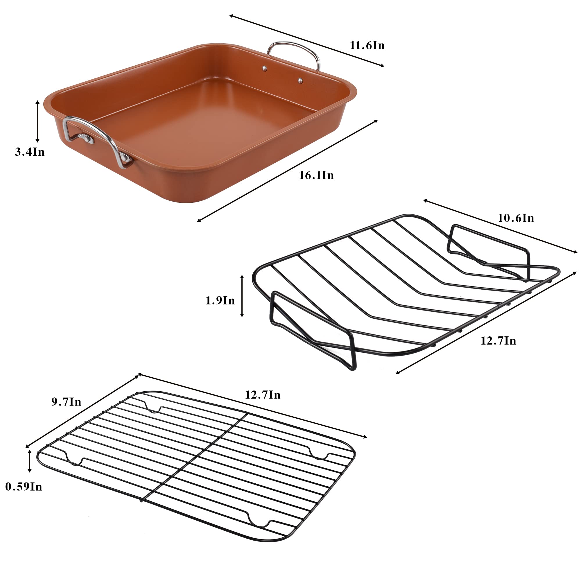 KitCom Nonstick Roasting Pan, Roaster with Cooling Rack and V-Rack - 16 Inch Rectangular Turkey Roaster Lasagna Pan for Easter, Thanksgiving & Christmas, Dishwasher Safe, Bronze