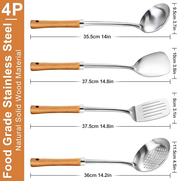 Pleafind 4-Pcs Cooking Utensils Set, Stainless Steel Kitchen Utensils with Wooden Handle, Kitchen Essentials Set Include Wok Ladle, Slotted Spoon, Wok Spatula and Slotted Spatula, Dishwasher Safe