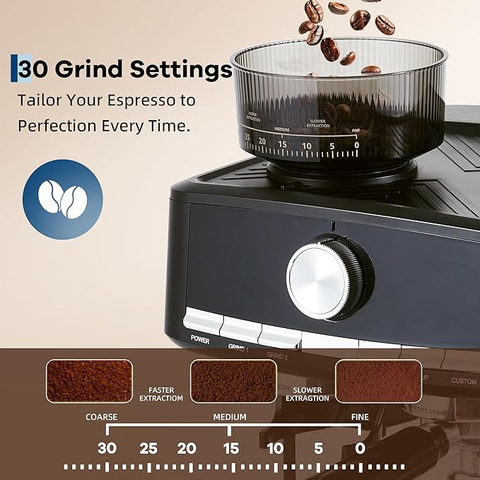 Garvee 20 Bar Pressure Stainless Steel Espresso Machine with Grinder, 1.5L Removable Water Tank, Milk Frother Steam Wand for Latte/Cappuccino - Adjustable Shot Volume, Professional Home/Office Use