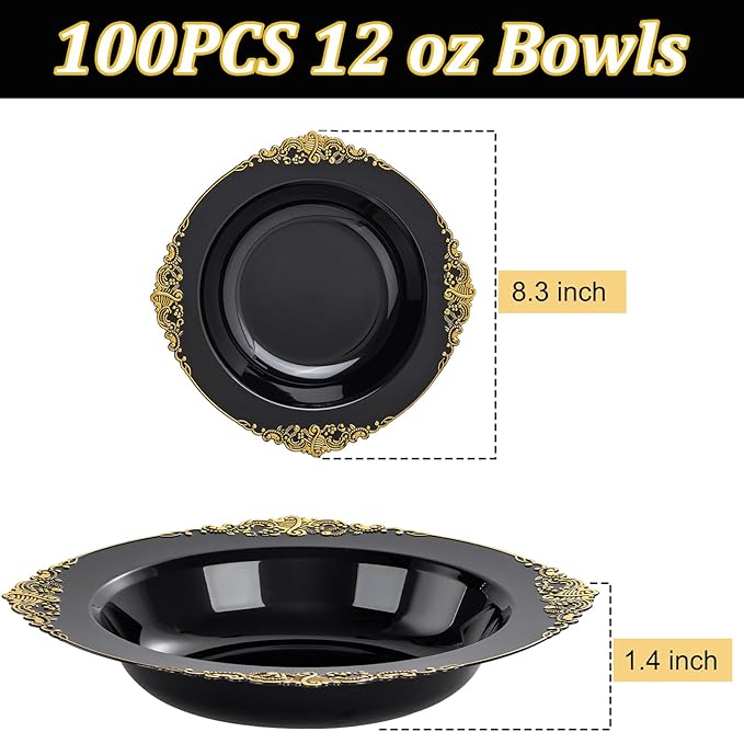Joyido 100PCS Black Plastic Bowls - 12 oz Black Gold Disposable Salad Bowls - Heavy Duty Soup Serving Bowl - Fancy Plastic Candy Bowl for Weddings, Parties, Dinners, Catering, Picnics