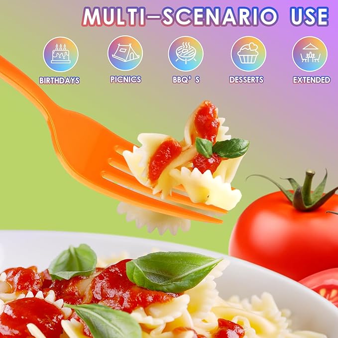 ALEXPRE 300 Pack Neon Party Disposable Plastic Silverware Heavy Duty, Plastic Cutlery Set, Forks and Spoons Knives Set for Birthday Party Prom Night, Weddings（Orange,Green, Hot Pink, Yellow Colors）