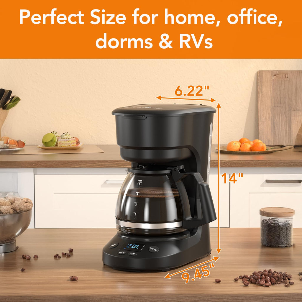 Electactic 5-Cup Programmable Drip Coffee Maker, a compact coffee machine with a digital clock and 24-hour programmable timer, featuring Auto Shut-Off, and a Removable Filter Basket for Home & Office.