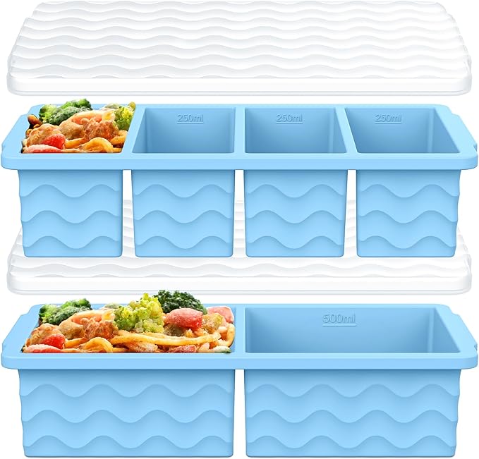 Silicone Freezer Trays with Lid for Soup, 1-Cup & 2-Cup Large Ice Cube Molds Food Storage Containers for Meal Prep, Freeze 500mL/250mL/125mL Portions – 2 Pack