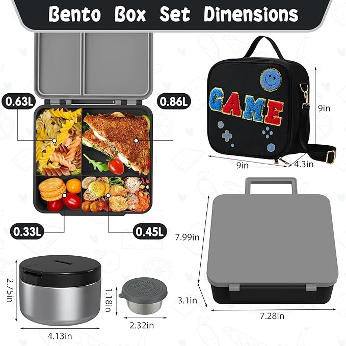 Aimsnk Kids Lunch Box with Thermo Insulated Lunch Bag for School, Black