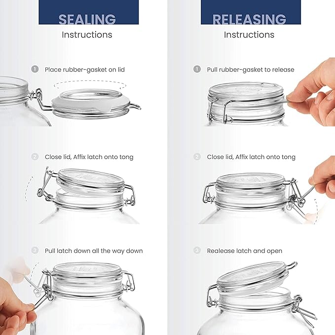 Bormioli Rocco Fido Squared Wide Mouth Glass Jar with Airtight Gasket Clamp Lid for Canning and Food Storage, Clear Top, 67.75 oz.