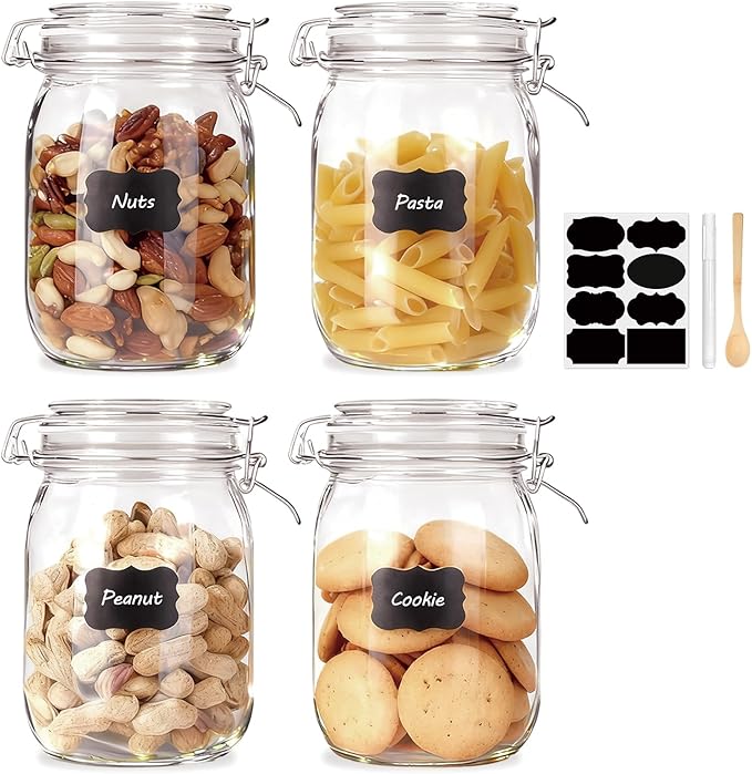Flrolove 32oz Set of 4 Glass Kitchen Storage Canister Mason Jars with Lids