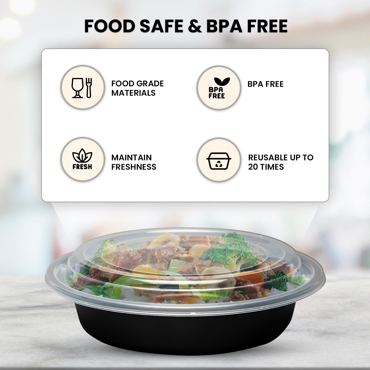 Klex 48 Oz, 150 Sets Meal Prep Containers with Airtight Lids, BPA Free, Reusable Plastic Food Container, 48 oz, Round, Black/Clear, 150 Sets