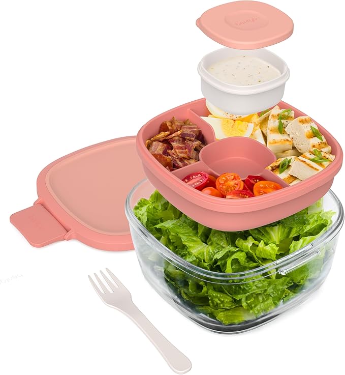 Bentgo Glass Salad Container with Airtight Lid & Leak-Proof Sauce Cup