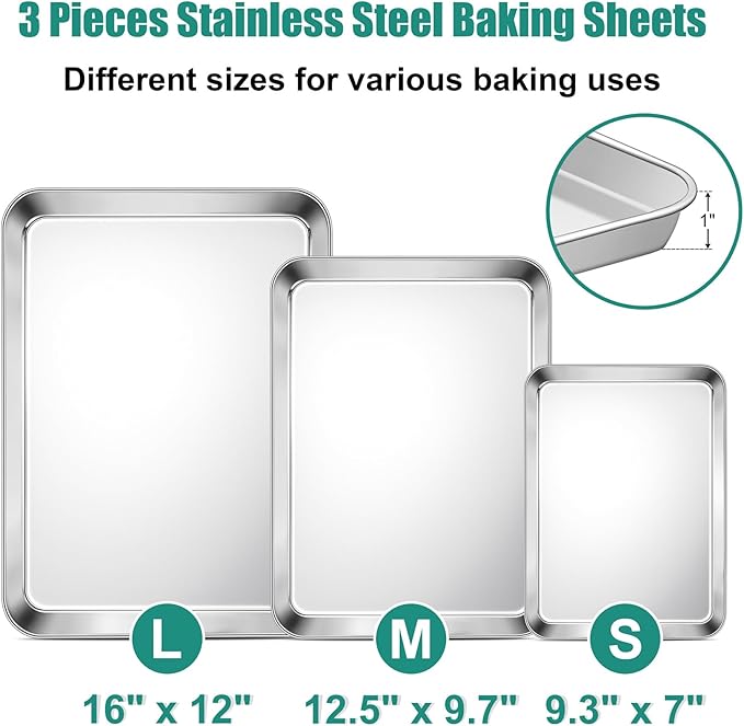 TeamFar Baking Sheet, Cookie Sheets Baking Pans Set of 3, 16/12.5/9.3 Inch