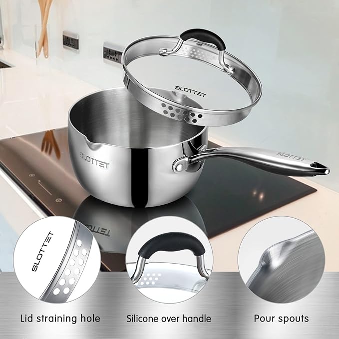 SLOTTET Tri-Ply Whole-Clad Stainless Steel Sauce Pan with Pour Spout,2.5 Quart Small Multipurpose Pasta Pot with Strainer Glass Lid, Saucepan for Cooking with Stay-cool Handle.
