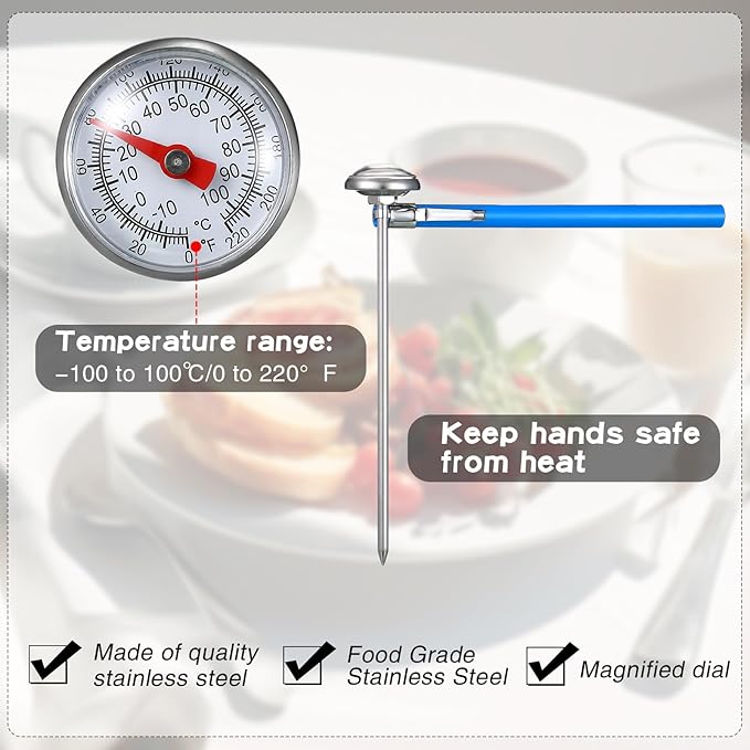 Xuhal 6 Pcs Stainless Steel Kitchen Thermometer with 5 Inch Long Stem 1 Inch Dial Thermometer Milk Frothing Food for Oven Probe Meat Grill BBQ Cooking Chocolate Water(Blue)