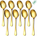 Keyoxy Stainless Steel Serving Spoons Set, 8pc, 10-Inch, Includes 4 Large, 4 Slotted, for Parties/Kitchen/Buffet/Catering, Dishwasher Safe, Gold