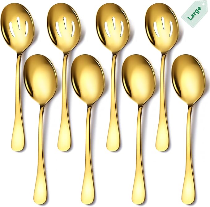 Keyoxy Stainless Steel Serving Spoons Set, 8pc, 10-Inch, Includes 4 Large, 4 Slotted, for Parties/Kitchen/Buffet/Catering, Dishwasher Safe, Gold