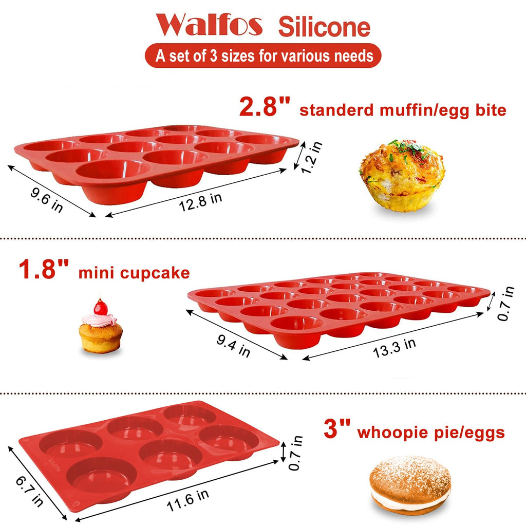 Walfos Silicone Muffin Pan Set of 3, Including Regular 12 Cups Muffin Pans, 24 Cups Mini Muffin Pan & 6 Cups Muffin Top Pan, Non-Stick Cupcake Pan, Easy to Release & Dishwasher Safe
