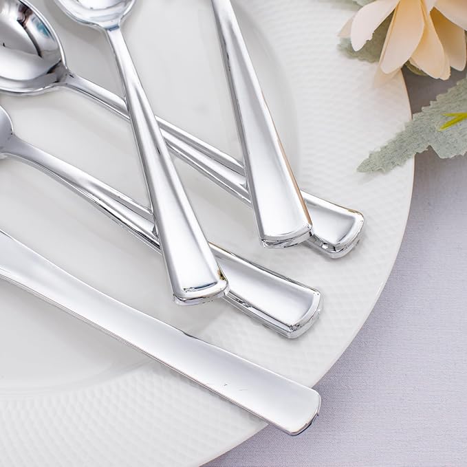 WDF 500PCS Silver Plastic Silverware - Plastic Silver Utensils - 250 Forks 125 Spoons 125 Knives - Heavy Duty Disposable Silverware Sets for Party Baby Shower Wedding Spring