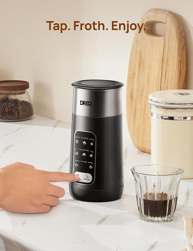 DREO Milk Frother, 8-in-1 Electric Stainless Steel Frother for Latte Art Microfoam and Coffee, 9oz/270ml Warm and Cold Foam Automatic Frothers, LED, Easy to Clean