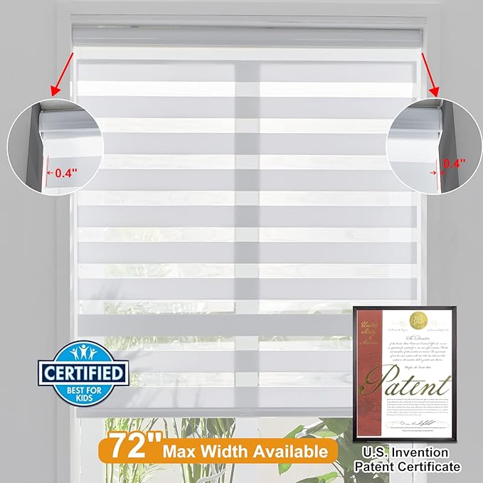 Persilux Cordless Zebra Blinds for Windows (47" W X 47" H, White) Free-Stop Roller Windows Shades Dual Layer Light Control for Day and Night, Light Filtering Sheer Shades for Home, Easy to Install