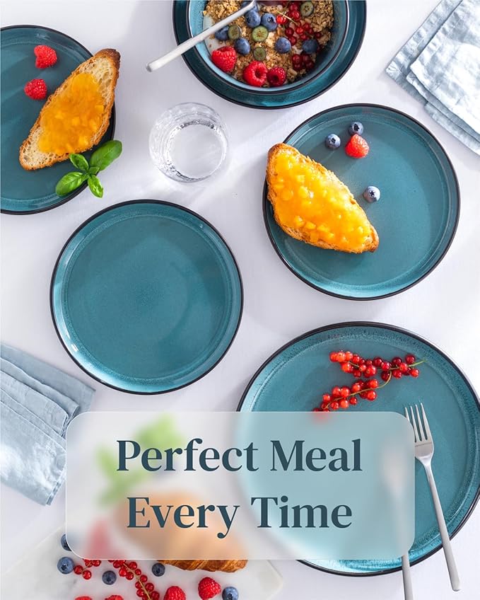 24 Piece Stoneware Dinnerware Set for 8 - Handmade Reactive Glaze Plates and Bowls Set - Chip & Scratch Resistant Dish Set - Dishwasher Microwave Safe - Black and Petrol Blue